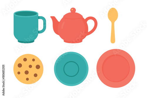 Tea time setup with teapot, cup, cookie, and spoon for afternoon break. Set of 6 vector illustration
