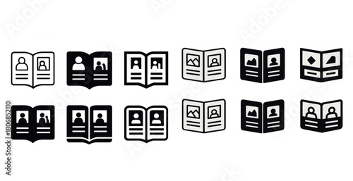 Collection of black and white open book icons with people and pi