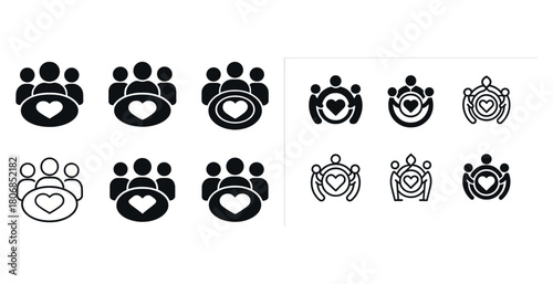 Diverse family heart icon set representing community and love in