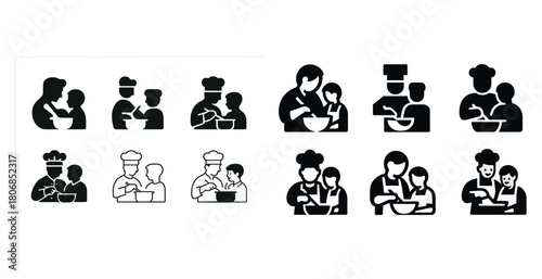 Family cooking icons set with diverse characters baking together