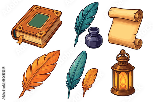Vintage elements of writing with quills, scrolls, and a lantern. Set of 6 vector illustration