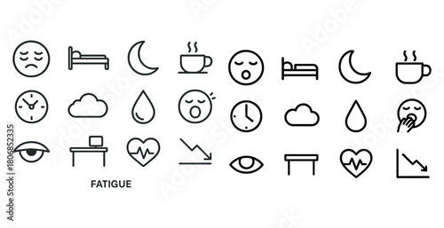 Fatigue icons: sleep, coffee, yawn, bed, moon, clock, cloud, hea