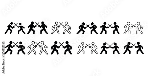 Iconic stick figures battling with swords in varied designs and