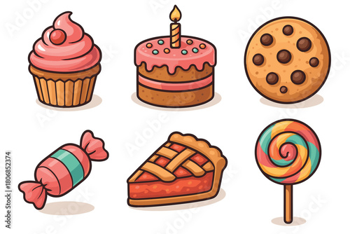 Sweet treats collection for dessert lovers and celebrations. Set of 6 vector illustration