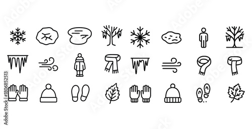 Winter weather icons: snowflakes, scarves, gloves, trees, wind,