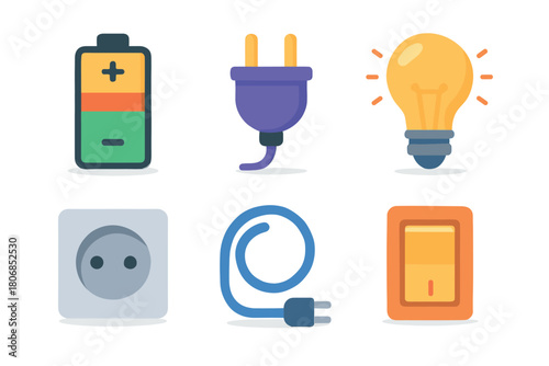 Energy symbols battery, plug, light bulb, socket, switch. Set of 6 vector illustration