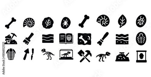 Archaeology and paleontology icons: fossils, bones, tools, dinos