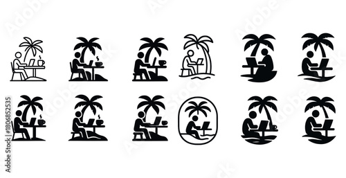Remote work vacation icons set featuring tropical palms and lapt