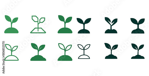 Variety of plant sprout icons in green tones with different desi