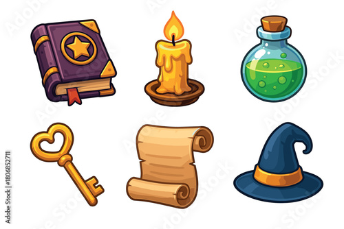 Magical elements for fantasy adventures and storytelling designs. Set of 6 vector illustration