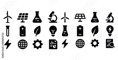 Renewable energy and science icons set: wind turbines, solar pan