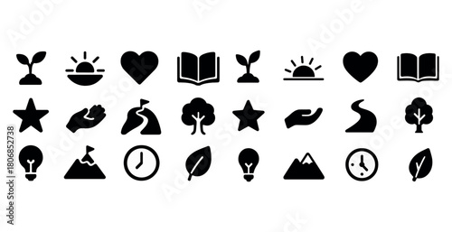Minimalist icon set featuring nature, heart, and daily objects i
