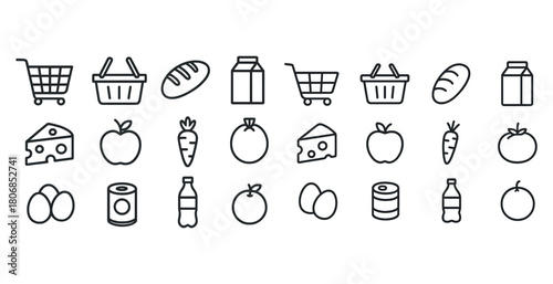 Outline icons of grocery items including cart, basket, bread, ch