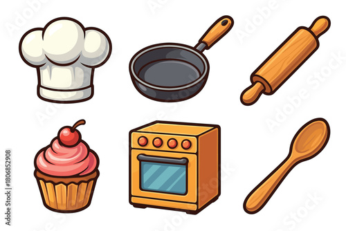 Cooking tools and dessert items for home baking fun. Set of 6 vector illustration