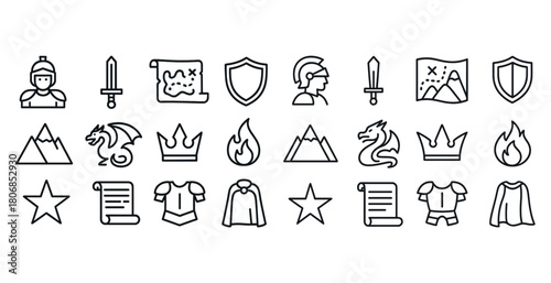 Medieval fantasy icons: knight, dragon, shield, sword, armor, ma