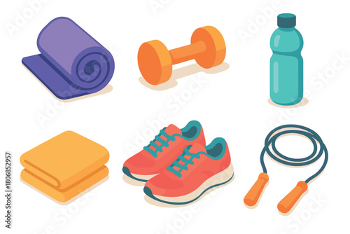 Fitness essentials for a successful workout session. Set of 6 vector illustration