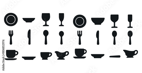 Silhouette icons of diverse tableware including plates, glasses,