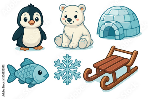 Winter adventure with cute animals and snow activities. Set of 6 vector illustration