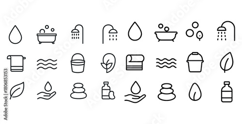 Minimalist wellness icons: shower, leaf, towel, water, bucket