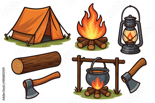 Camping adventure essentials for outdoor fun and relaxation. Set of 6 vector illustration