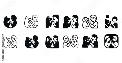 Stylized icon set of human and dog interactions in black and whi