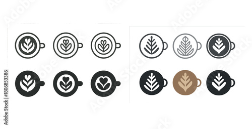 Minimalist coffee cup icons with latte art designs