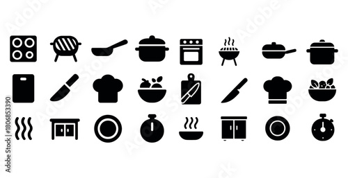 Black cooking icons: stove, grill, chef hat, utensils, kitchen t
