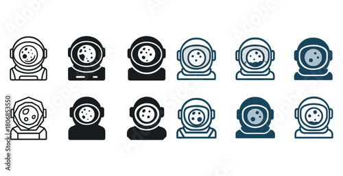 Diverse astronaut helmet icons in monochrome and blue styles