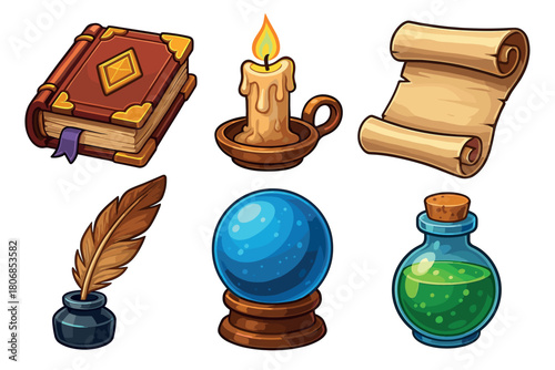 Magical items for fantasy storytelling and creative projects. Set of 6 vector illustration