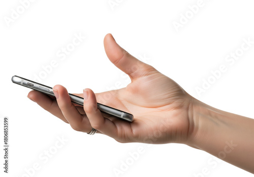 Woman's hand holding an invisible smartphone, scrolling with thumb, neutral position, isolated on white background