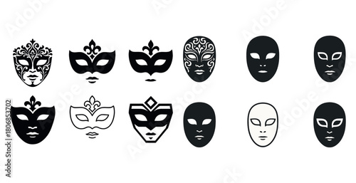 Collection of black and white theatrical masks with intricate de