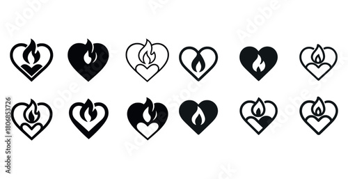 Set of twelve black and white heart icons with flame design elem