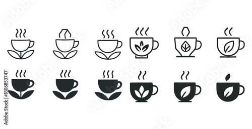 Set of coffee and tea cup icons with steam and leaf designs
