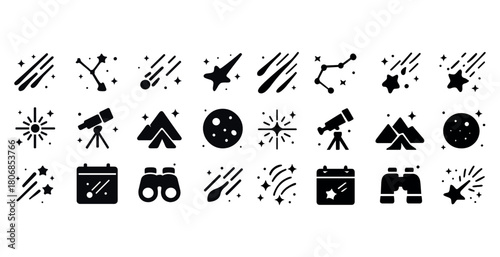 Astronomy icons: telescopes, constellations, stars, and planets