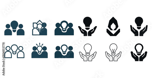 Creative icons of teamwork and innovative ideas with light bulbs