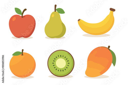 Colorful assortment of fresh fruit suitable for healthy eating. Set of 6 vector illustration