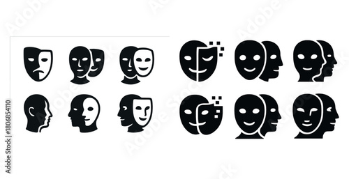 Collection of abstract dual face icons with emotive expressions