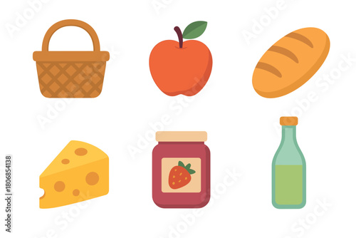 Picnic basket with apple, cheese, bread, jam, and drink. Set of 6 vector illustration