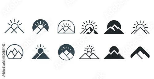 Scenic mountain and sun logos collection in various styles