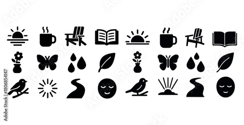 Set of nature and relaxation icons including sun, coffee, and le