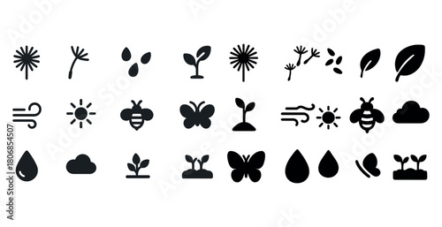 Nature icons set: plants, weather, and insects in simple black s