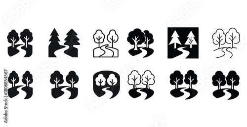 Minimalistic black and white tree icons with winding paths