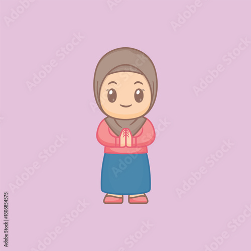 Cute Muslim Girl in Hijab Greeting, Cute Muslim Girl in Hijab Saying Apology, Happy Young Hijabi Woman with Welcoming, Hijab Girl Offering Salam, Hijab Girl Offering Respectful Gesture, Hijabi Woman