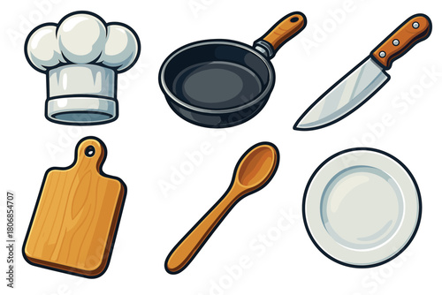 Kitchen essentials for cooking and meal preparation activities. Set of 6 vector illustration