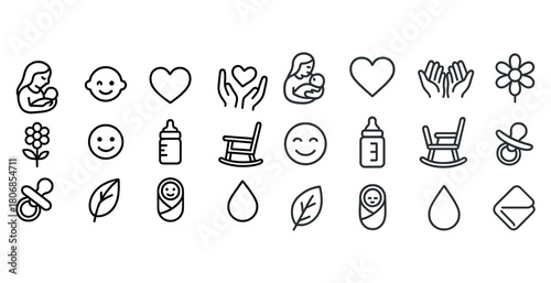 Baby and parenting icons: feeding, smiling, hearts and more