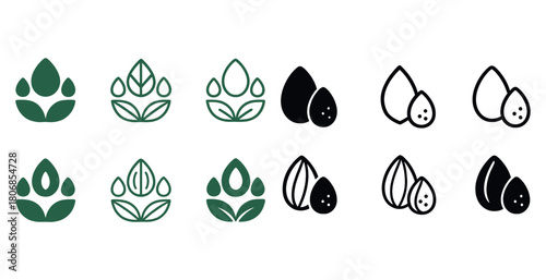 Minimalist plant leaf and seed icons in green and black designs