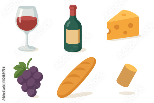 Wine and cheese pairing with bread and grapes for a perfect evening. Set of 6 vector illustration