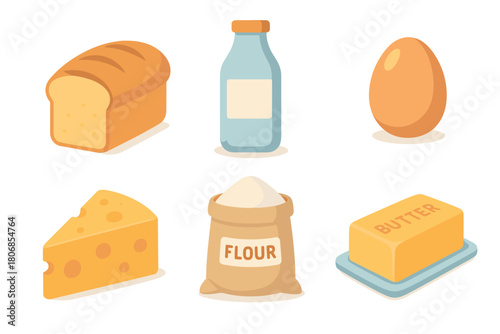 Essential ingredients for baking bread and cheese dishes. Set of 6 vector illustration