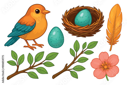 Colorful bird with eggs and nature elements for spring themes. Set of 6 vector illustration