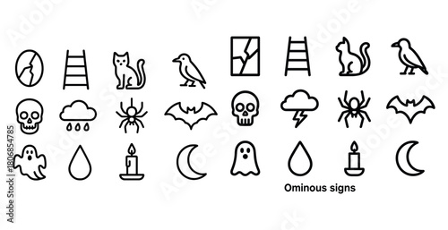 Set of ominous symbols: ladders, cats, crows, skulls, spiders, b